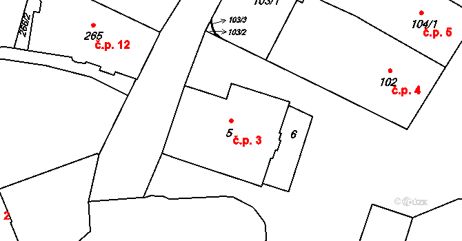 Fryštát 3, Karviná na parcele st. 5 v KÚ Karviná-město, Katastrální mapa