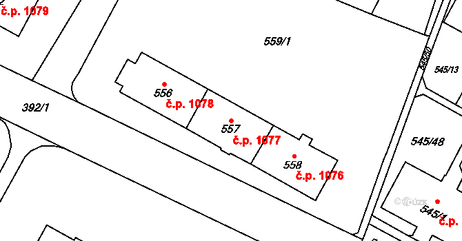 Šumbark 1077, Havířov na parcele st. 557 v KÚ Šumbark, Katastrální mapa