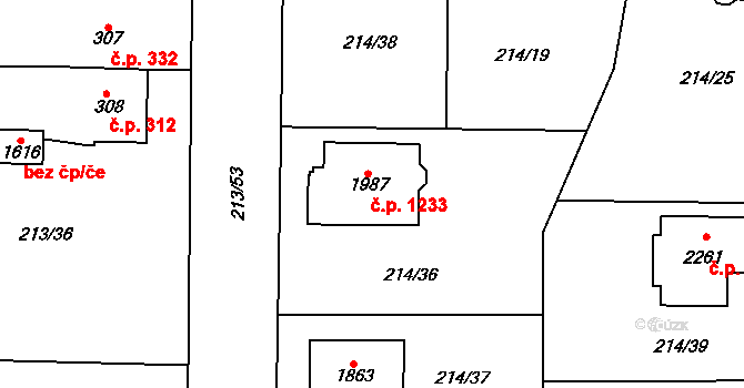 Starý Plzenec 1233 na parcele st. 1987 v KÚ Starý Plzenec, Katastrální mapa