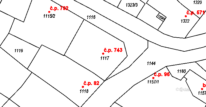 Veverská Bítýška 743 na parcele st. 1117 v KÚ Veverská Bítýška, Katastrální mapa