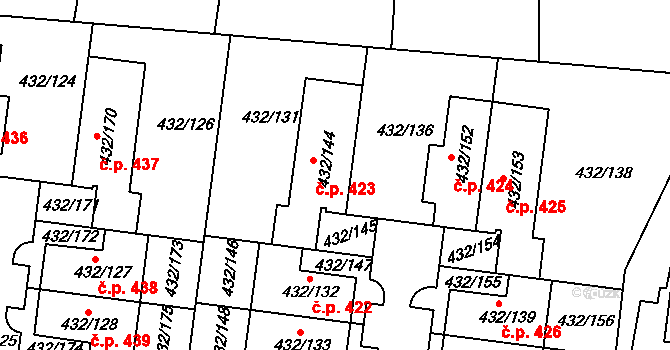 Březiněves 423, Praha na parcele st. 432/144 v KÚ Březiněves, Katastrální mapa
