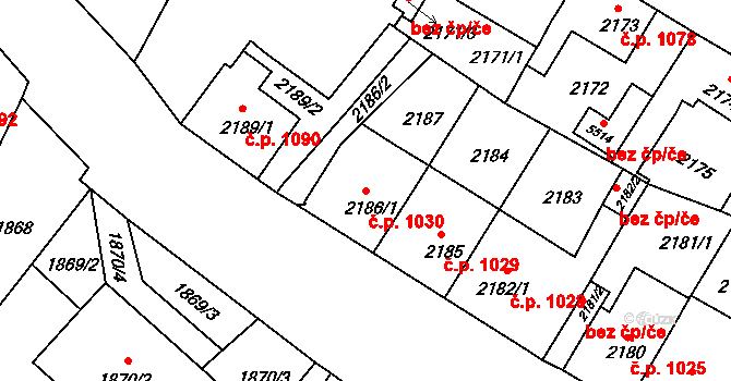 Předměstí 1030, Litoměřice na parcele st. 2186/1 v KÚ Litoměřice, Katastrální mapa