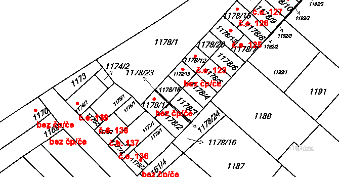 Těšice 121, Mikulčice na parcele st. 1178/18 v KÚ Mikulčice, Katastrální mapa