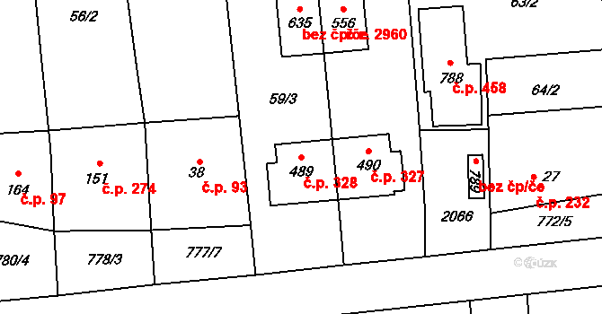 Louky 328, Zlín na parcele st. 489 v KÚ Louky nad Dřevnicí, Katastrální mapa