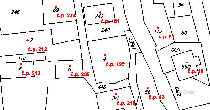 Tuchoměřice 199 na parcele st. 4 v KÚ Kněžívka, Katastrální mapa
