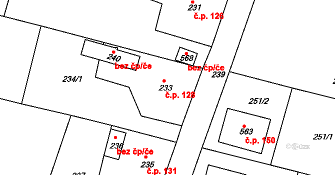 Bušovice 128 na parcele st. 233 v KÚ Bušovice, Katastrální mapa
