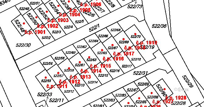 Úvaly 1916 na parcele st. 522/65 v KÚ Úvaly u Prahy, Katastrální mapa