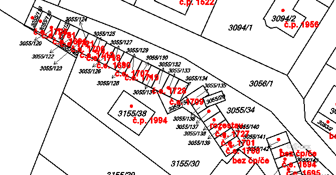 Děčín VI-Letná 1709, Děčín na parcele st. 3055/133 v KÚ Podmokly, Katastrální mapa