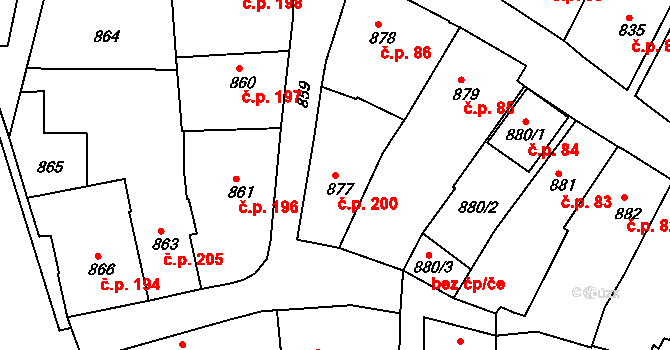 Kamenice nad Lipou 200 na parcele st. 877 v KÚ Kamenice nad Lipou, Katastrální mapa
