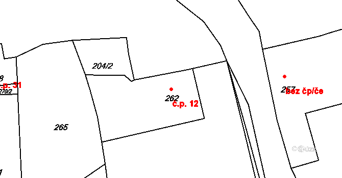 Zaječice 12, Vrskmaň na parcele st. 262 v KÚ Vrskmaň, Katastrální mapa