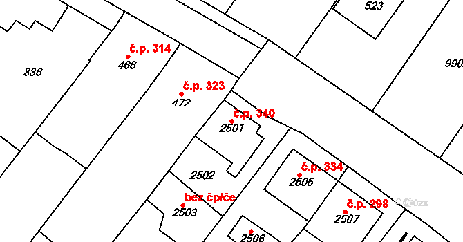 Popice 340 na parcele st. 2501 v KÚ Popice, Katastrální mapa