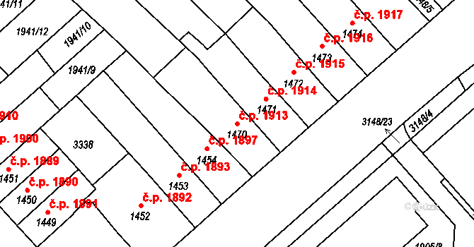 Kroměříž 1913 na parcele st. 1470 v KÚ Kroměříž, Katastrální mapa