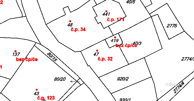 Tři Sekery 32 na parcele st. 47 v KÚ Tři Sekery u Kynžvartu, Katastrální mapa