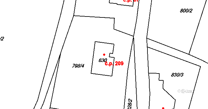 Alšovice 209, Pěnčín na parcele st. 630 v KÚ Alšovice, Katastrální mapa