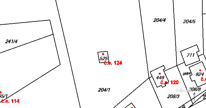 Husinec 124 na parcele st. 525 v KÚ Husinec u Řeže, Katastrální mapa