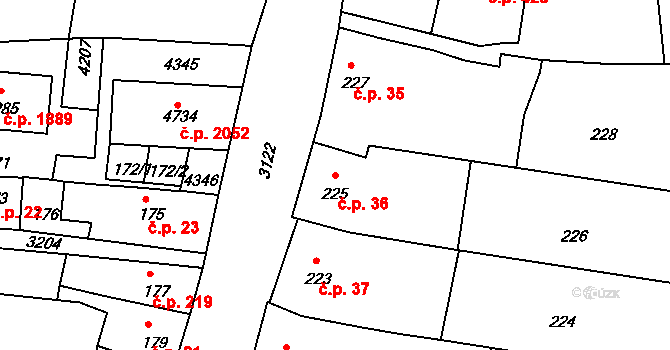 Čelákovice 36 na parcele st. 225 v KÚ Čelákovice, Katastrální mapa