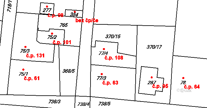 Kunětice 108 na parcele st. 77/4 v KÚ Kunětice, Katastrální mapa