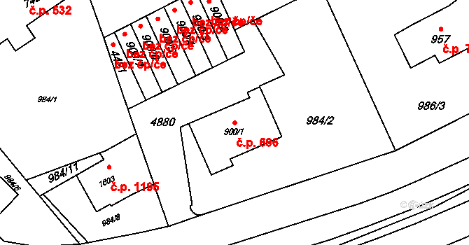 Rožnov pod Radhoštěm 696 na parcele st. 900/1 v KÚ Rožnov pod Radhoštěm, Katastrální mapa