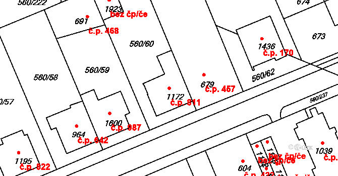 Podklášteří 811, Třebíč na parcele st. 1172 v KÚ Podklášteří, Katastrální mapa