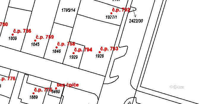 Cheb 793 na parcele st. 1928 v KÚ Cheb, Katastrální mapa