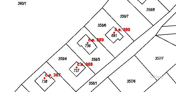 Stříbrná Skalice 389 na parcele st. 736 v KÚ Stříbrná Skalice, Katastrální mapa