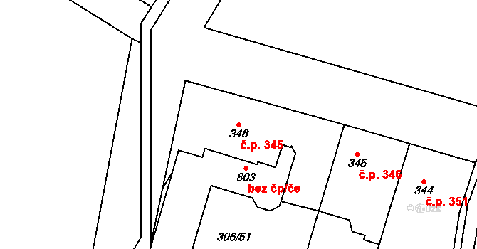 Všetaty 345 na parcele st. 346 v KÚ Všetaty, Katastrální mapa