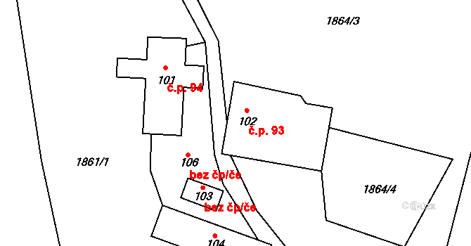 Kunovice 93 na parcele st. 102 v KÚ Kunovice, Katastrální mapa