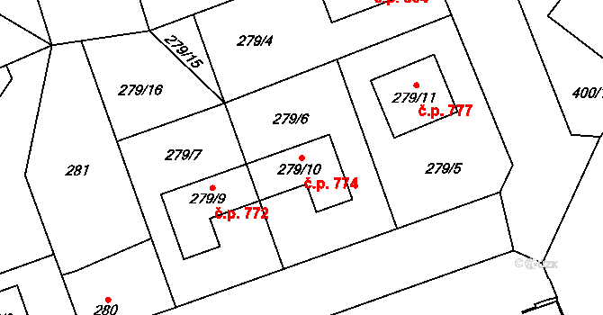 Řeporyje 774, Praha na parcele st. 279/10 v KÚ Řeporyje, Katastrální mapa