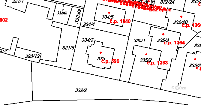 Braník 599, Praha na parcele st. 333 v KÚ Braník, Katastrální mapa