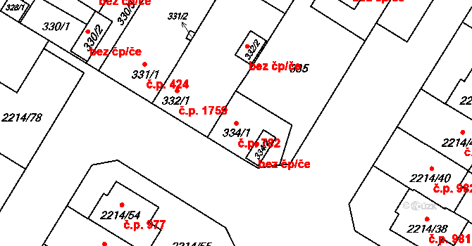 Bolevec 782, Plzeň na parcele st. 334/1 v KÚ Bolevec, Katastrální mapa