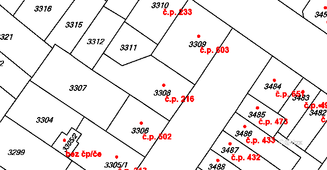 Lobzy 216, Plzeň na parcele st. 3308 v KÚ Plzeň, Katastrální mapa