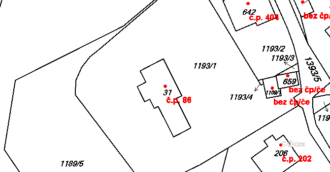 Hylváty 86, Ústí nad Orlicí na parcele st. 31 v KÚ Hylváty, Katastrální mapa