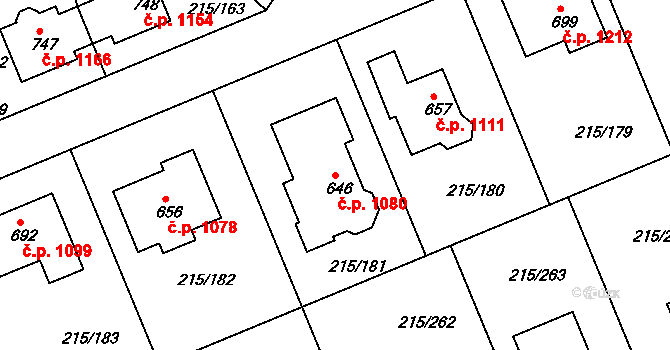 Rudná 1080 na parcele st. 646 v KÚ Hořelice, Katastrální mapa