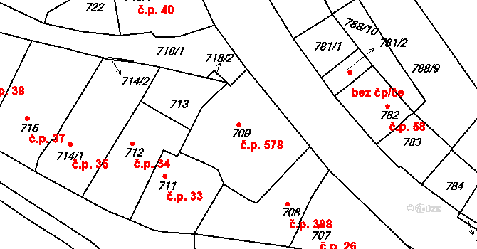 Buchlovice 578 na parcele st. 709 v KÚ Buchlovice, Katastrální mapa
