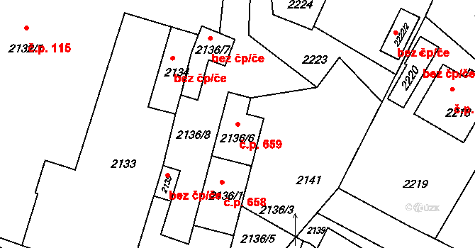 Mimoň I 659, Mimoň na parcele st. 2136/6 v KÚ Mimoň, Katastrální mapa