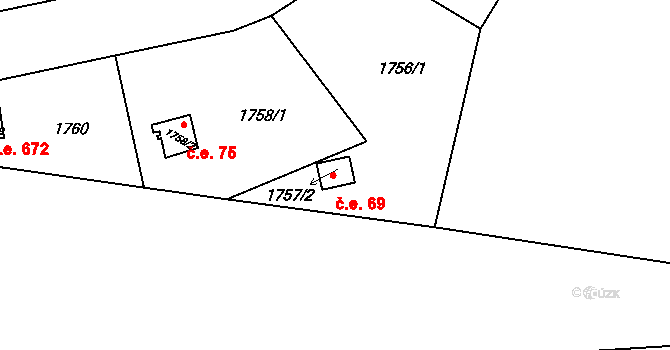 Jinonice 69, Praha na parcele st. 1757/2 v KÚ Jinonice, Katastrální mapa