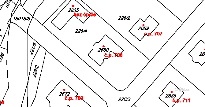 Hovězí 708 na parcele st. 2660 v KÚ Hovězí, Katastrální mapa
