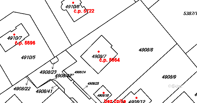 Chomutov 5664 na parcele st. 4908/7 v KÚ Chomutov I, Katastrální mapa