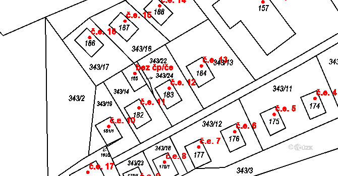 Lipina 12, Valašské Klobouky na parcele st. 183 v KÚ Lipina, Katastrální mapa