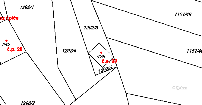 Hillův Mlýn 98, Kytlice na parcele st. 426 v KÚ Falknov, Katastrální mapa