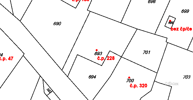Želechovice nad Dřevnicí 228 na parcele st. 693 v KÚ Želechovice nad Dřevnicí, Katastrální mapa