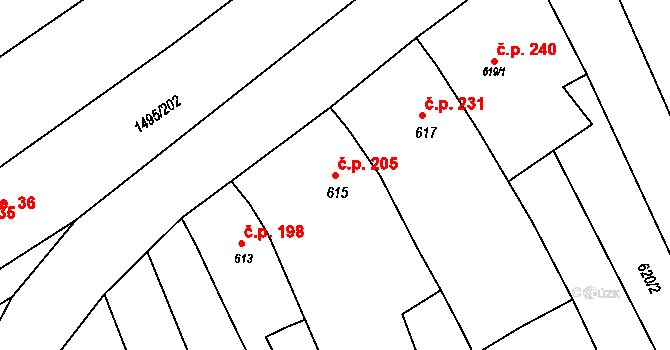 Kobeřice u Brna 205 na parcele st. 615 v KÚ Kobeřice u Brna, Katastrální mapa
