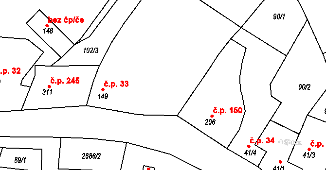 Bystřice pod Lopeníkem 33 na parcele st. 149 v KÚ Bystřice pod Lopeníkem, Katastrální mapa