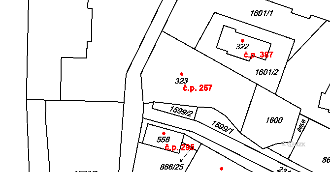Hanušovice 257 na parcele st. 323 v KÚ Hanušovice, Katastrální mapa