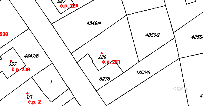 Pocinovice 221 na parcele st. 288 v KÚ Pocinovice, Katastrální mapa