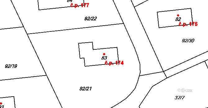 Ohrazenice 174, Pardubice na parcele st. 83 v KÚ Ohrazenice, Katastrální mapa