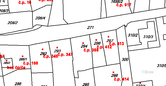 Podbořany 388 na parcele st. 294 v KÚ Podbořany, Katastrální mapa