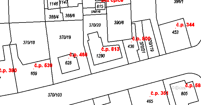 Prštné 813, Zlín na parcele st. 1290 v KÚ Prštné, Katastrální mapa