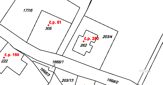 Rudné 250, Vysoká Pec na parcele st. 282 v KÚ Rudné, Katastrální mapa