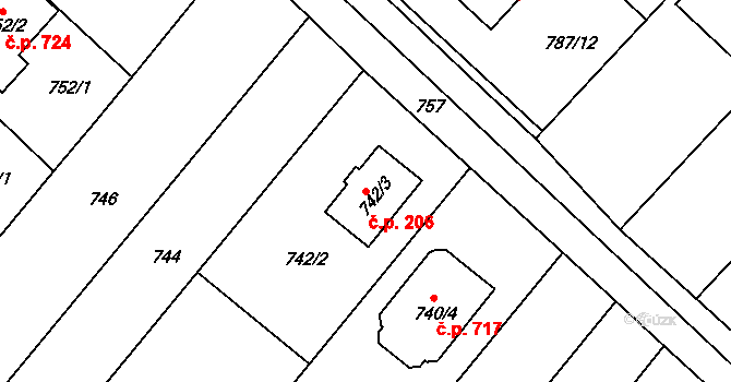 Vnorovy 206 na parcele st. 742/3 v KÚ Vnorovy, Katastrální mapa